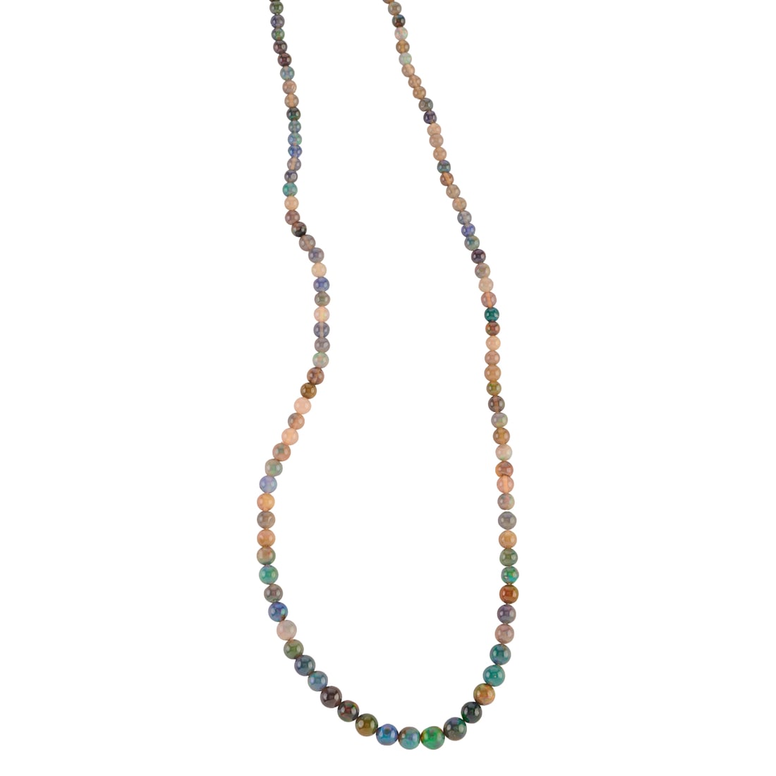Opal Bead Necklace. Comprised of numerous graduated opal beads ranging in size from approximately 6: Opal Bead Necklace. Comprised of numerous graduated opal beads ranging in size from approximately 6 mm to 2.5 mm, forming a continuous 34 inch necklace. {Gross Weight: 7.8 dwts} Note: One bead fractur