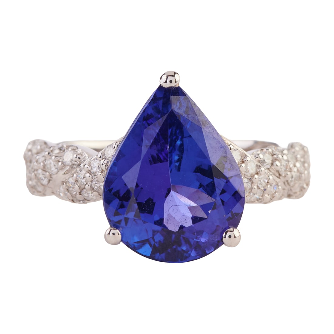 Tanzanite, Diamond, 14k White Gold Ring. Featuring one pear-cut tanzanite weighing approximately: Tanzanite, Diamond, 14k White Gold Ring. Featuring one pear-cut tanzanite weighing approximately 4.40 cts., accented by fifty full-cut diamonds weighing a total of approximately 0.30 cttw., set in a 1