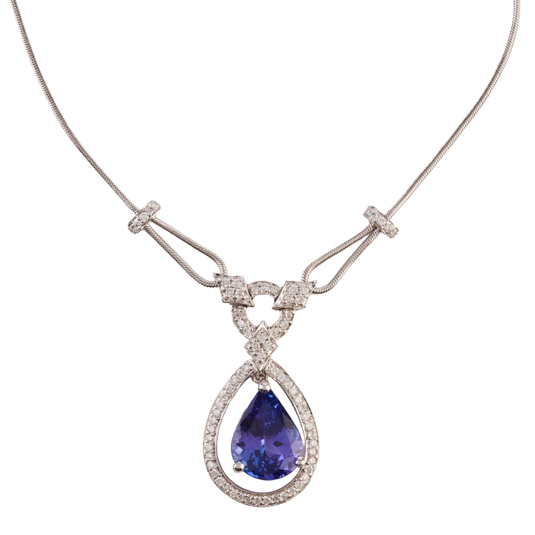 Tanzanite, Diamond, 14k White Gold Necklace. Featuring one pear-cut tanzanite weighing approximately: Tanzanite, Diamond, 14k White Gold Necklace. Featuring one pear-cut tanzanite weighing approximately 3.25 cts., accented by seventy round-cut diamonds weighing a total of approximately 0.35 cttw., set