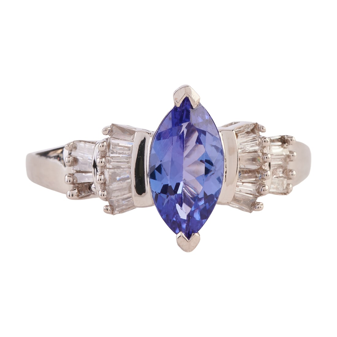 Tanzanite, Diamond, 14k White Gold Ring. Featuring one marquise-cut tanzanite weighing approximately: Tanzanite, Diamond, 14k White Gold Ring. Featuring one marquise-cut tanzanite weighing approximately 0.80 ct., accented by twenty-one tapered baguette-cut diamonds weighing a total of approximately 0.