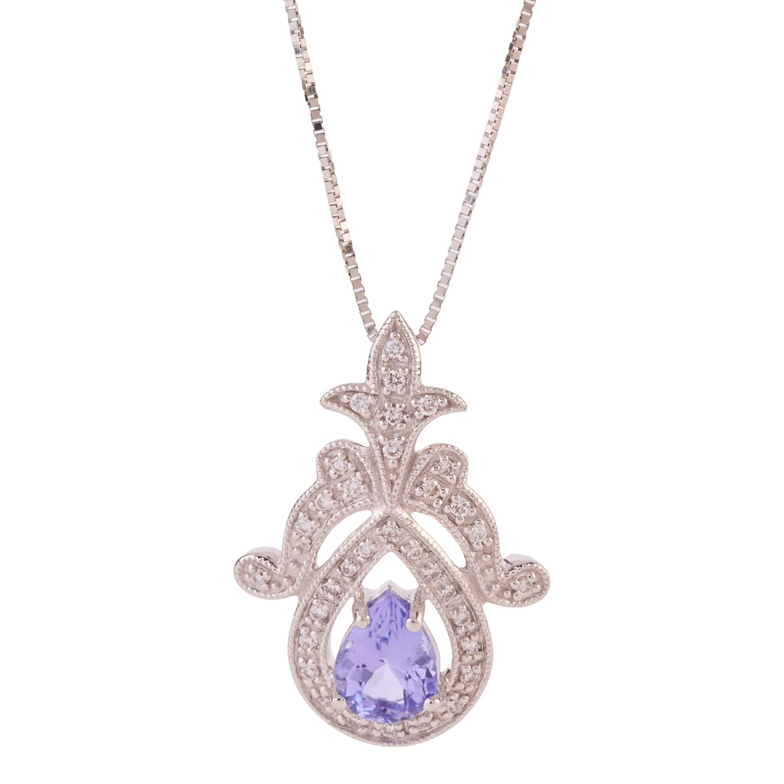 Tanzanite, Diamond, 18k White Gold Pendant Necklace. Featuring one pear-cut tanzanite weighing: Tanzanite, Diamond, 18k White Gold Pendant Necklace. Featuring one pear-cut tanzanite weighing approximately 0.70 ct., accented by full-cut diamonds, set in an 18k white gold mounting measuring approx