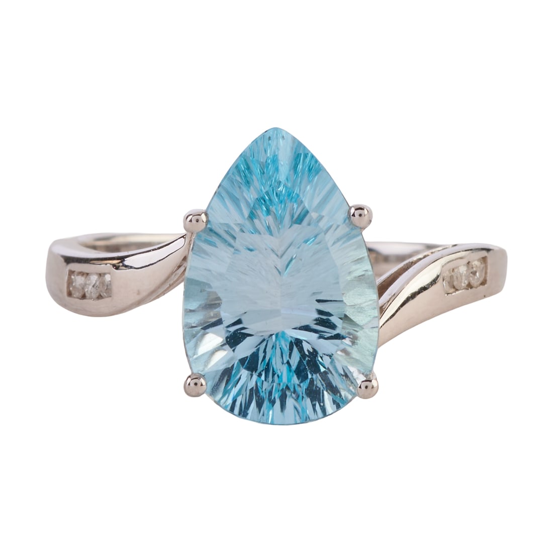 Blue Topaz, Diamond, 14k White Gold Ring. Featuring one pear shaped fancy-cut blue topaz measuring: Blue Topaz, Diamond, 14k White Gold Ring. Featuring one pear shaped fancy-cut blue topaz measuring approximately 12.1 x 7.9 mm, accented by six round-cut diamonds weighing a total of approximately 0.0