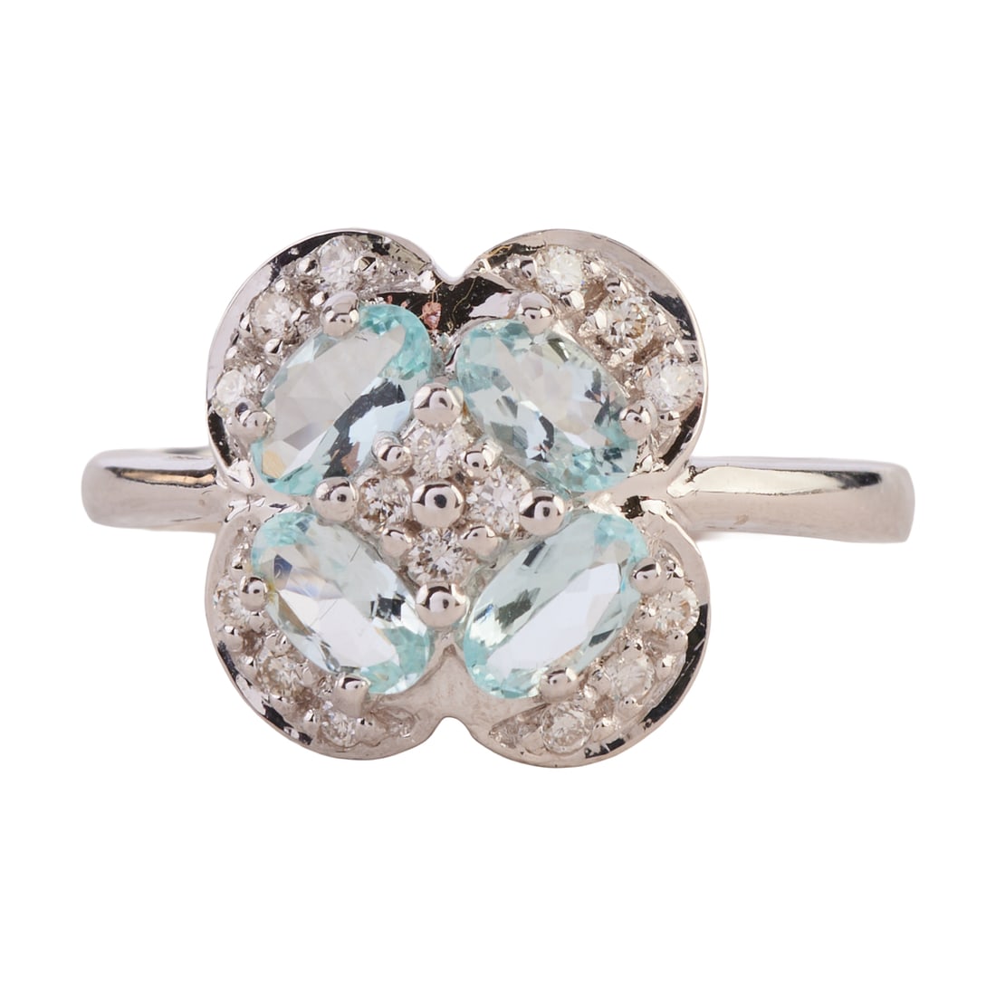 Aquamarine, Diamond, 18k White Gold Ring. Featuring four oval-cut aquamarines, accented by sixteen: Aquamarine, Diamond, 18k White Gold Ring. Featuring four oval-cut aquamarines, accented by sixteen full-cut diamonds weighing a total of approximately 0.15 cttw., set in an 18k white gold mounting. {S