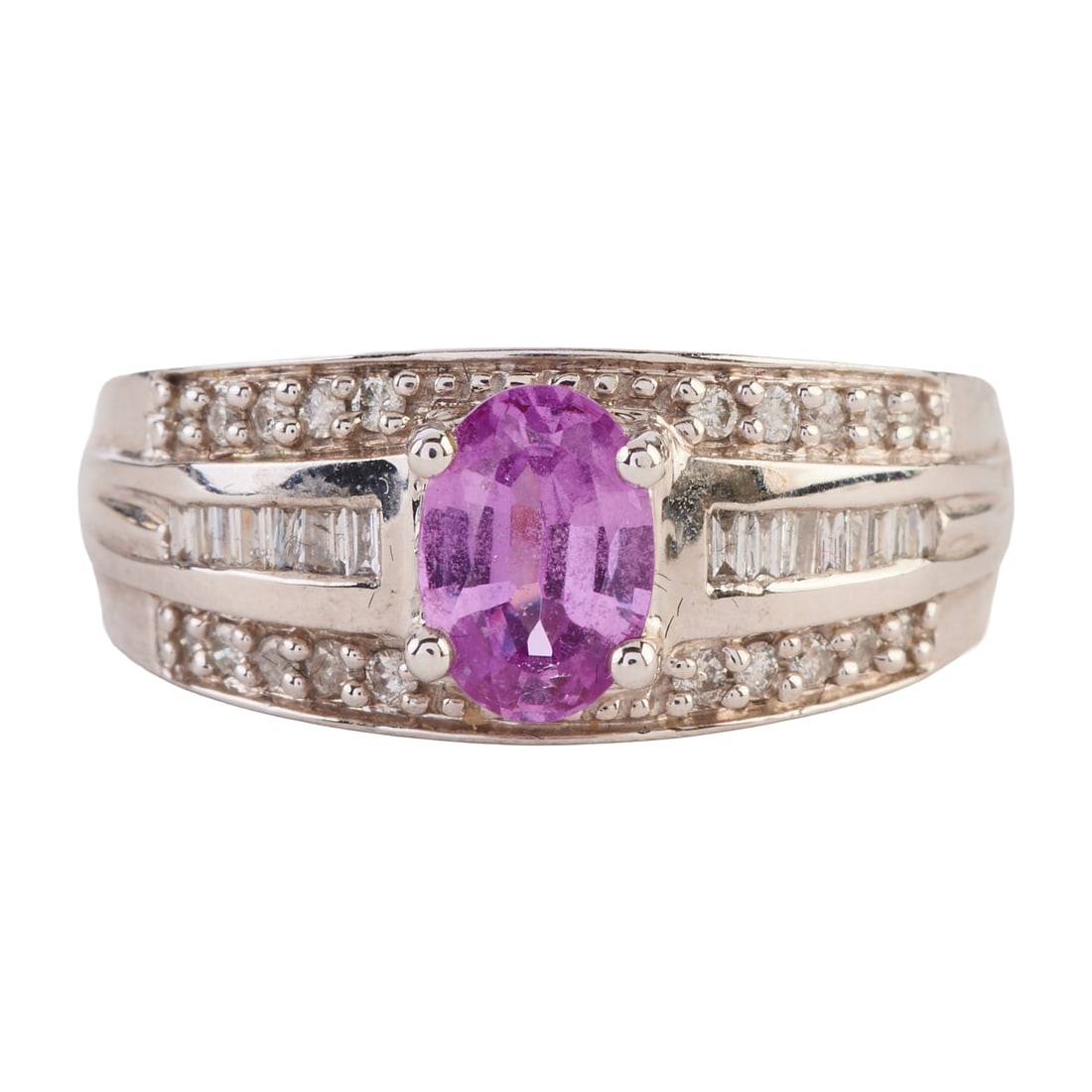 Pink/Purple Sapphire, Diamond, 14k White Gold Ring. Featuring one oval-cut pink/purple sapphire: Pink/Purple Sapphire, Diamond, 14k White Gold Ring. Featuring one oval-cut pink/purple sapphire weighing approximately 0.80 ct., accented by tapered baguette-cut and full-cut diamonds weighing a total