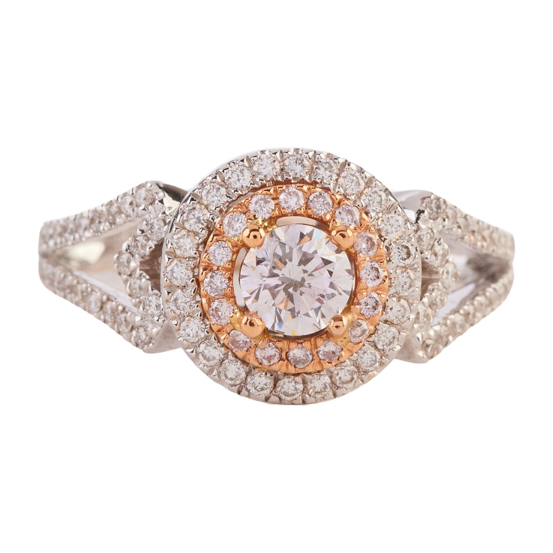 Canary Star Diamond, 18k Rose and White Gold Ring. Centering one round brilliant-cut diamond: Canary Star Diamond, 18k Rose and White Gold Ring. Centering one round brilliant-cut diamond weighing approximately 0.40 ct., accented by full-cut pale pink and near colorless diamonds, set in an 18k 
