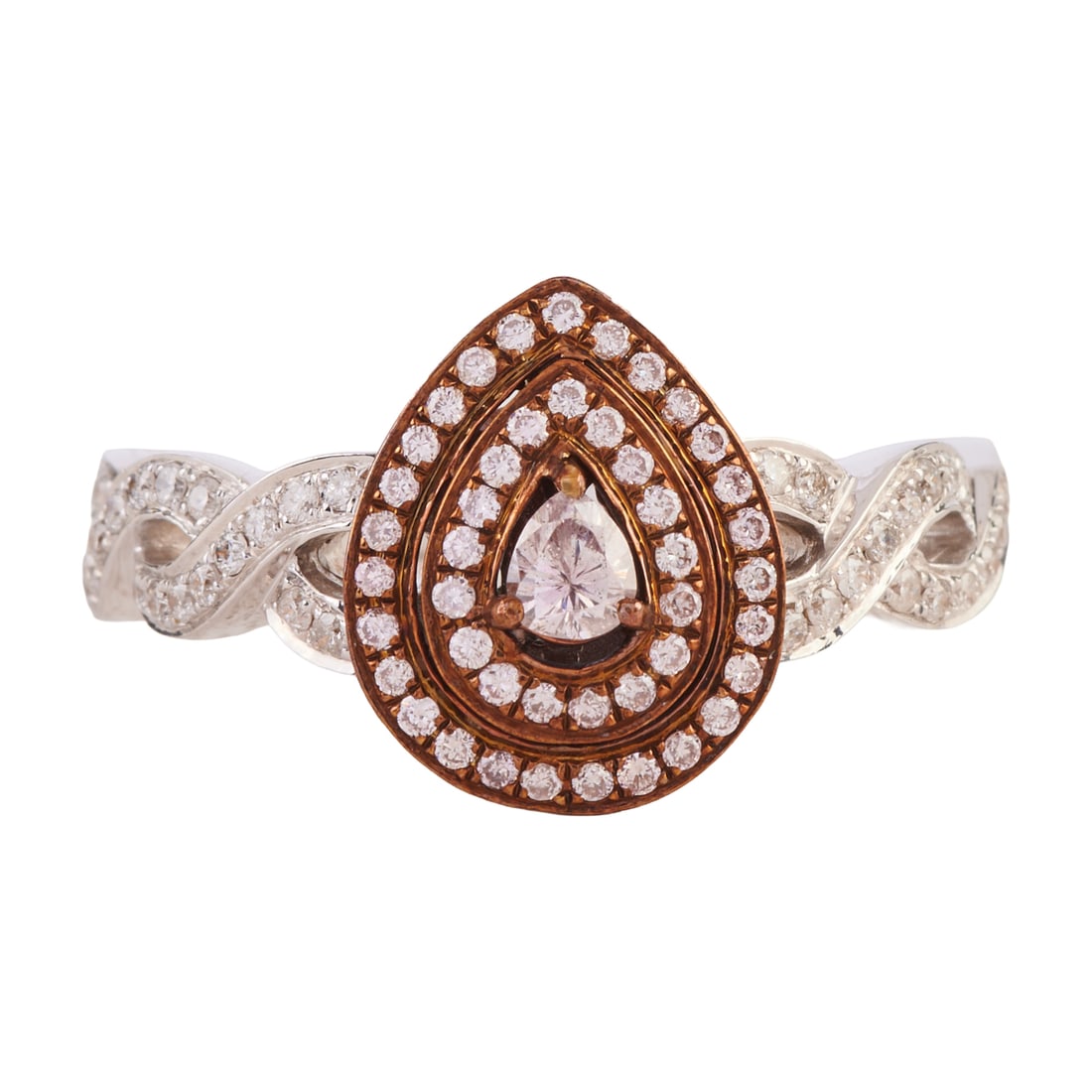 Canary Star Pink Diamond, Diamond, 18k Rose and White Gold Ring. Featuring one pear-cut pale pink: Canary Star Pink Diamond, Diamond, 18k Rose and White Gold Ring. Featuring one pear-cut pale pink diamond weighing approximately 0.11 ct., accented by round-cut pale pink and near colorless diamonds, 