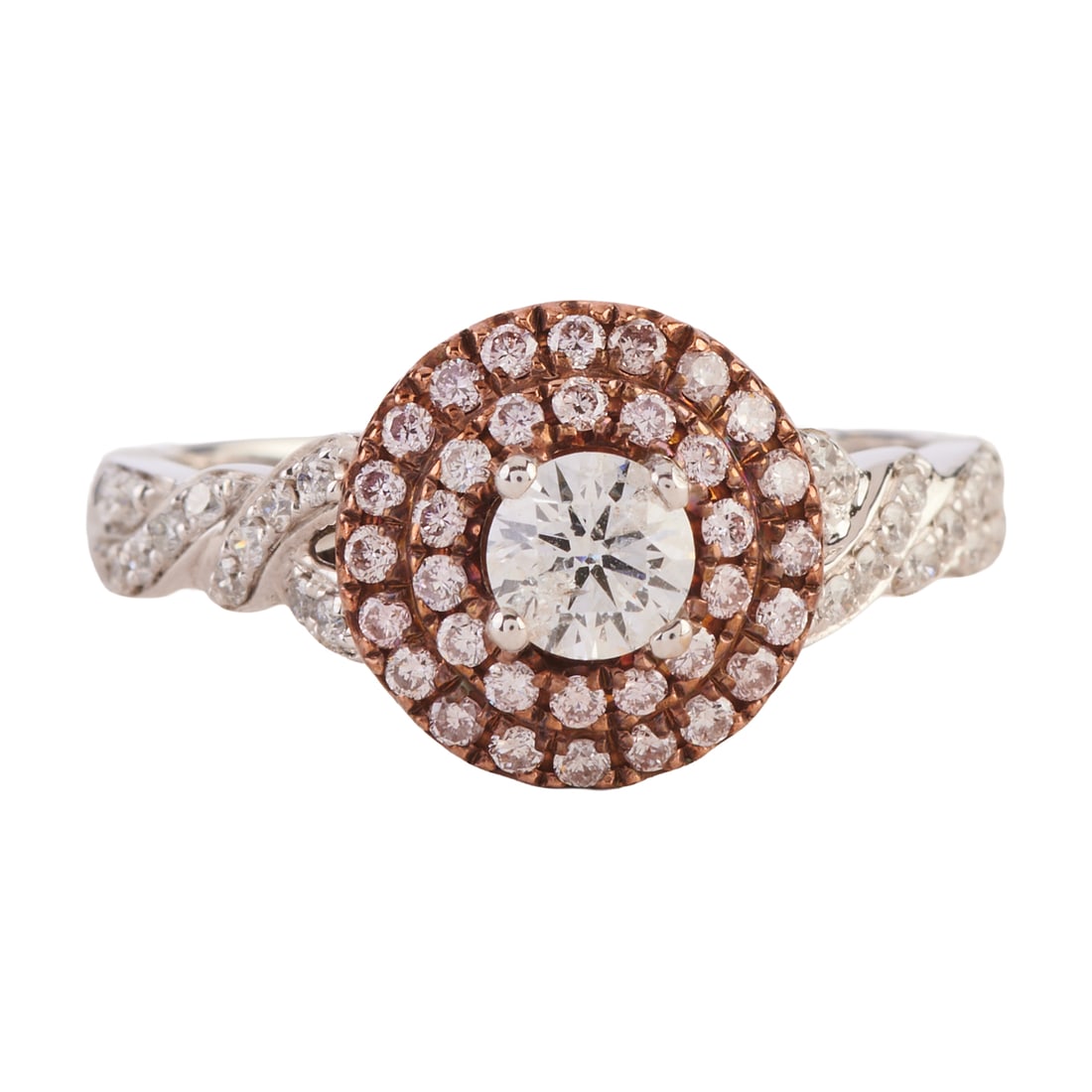 Diamond, Pink Diamond, 14k Rose and White Gold Ring. Featuring one round brilliant-cut diamond: Diamond, Pink Diamond, 14k Rose and White Gold Ring. Featuring one round brilliant-cut diamond weighing approximately 0.25 ct., accented by full-cut pale pink and near colorless diamonds weighing a to