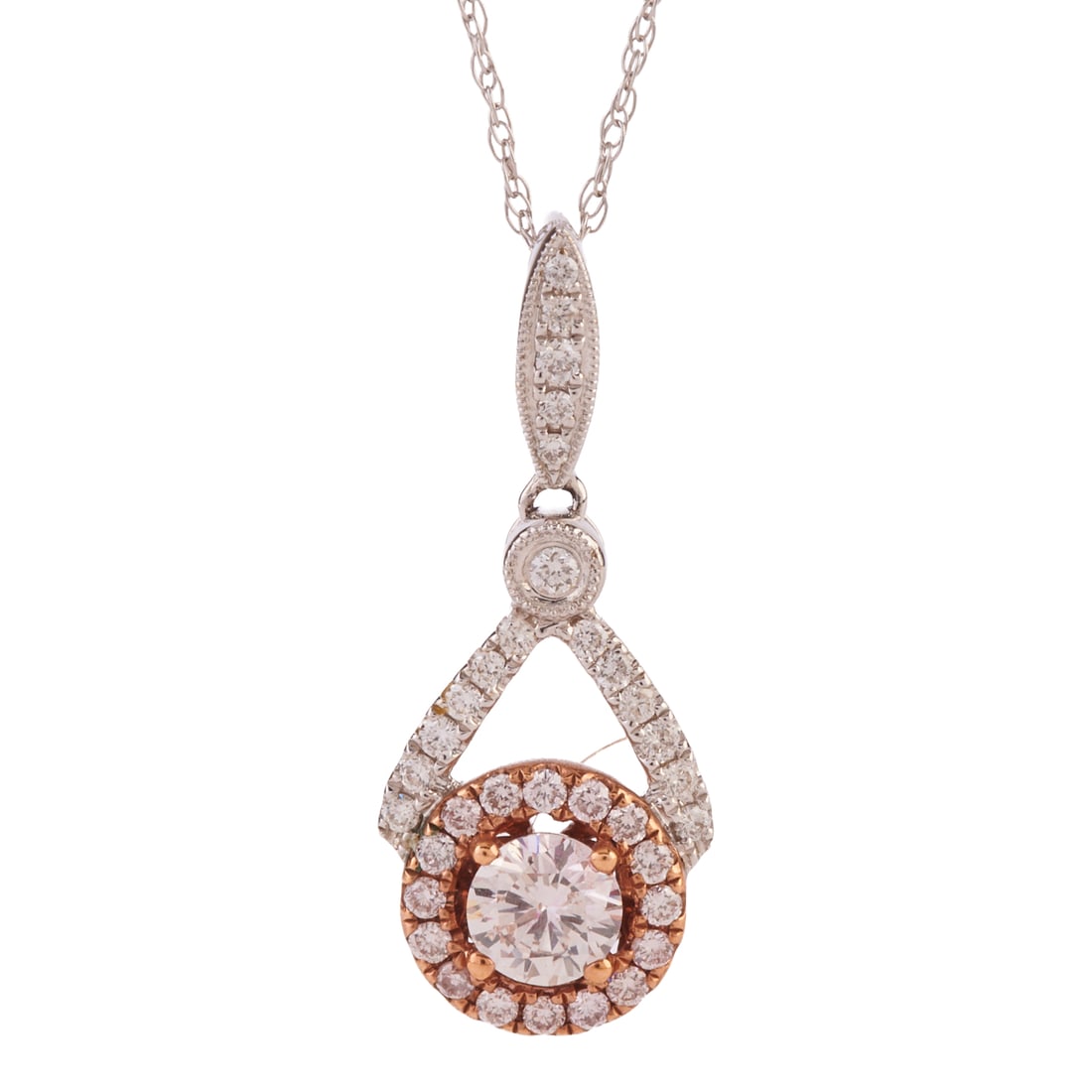 Canary Star Pink Diamond, Diamond, 18k, 14k Rose and White Gold Pendant Necklace. Featuring one: Canary Star Pink Diamond, Diamond, 18k, 14k Rose and White Gold Pendant Necklace. Featuring one round brilliant-cut pale pink diamond weighing approximately 0.34 ct., accented by full-cut pale pink an