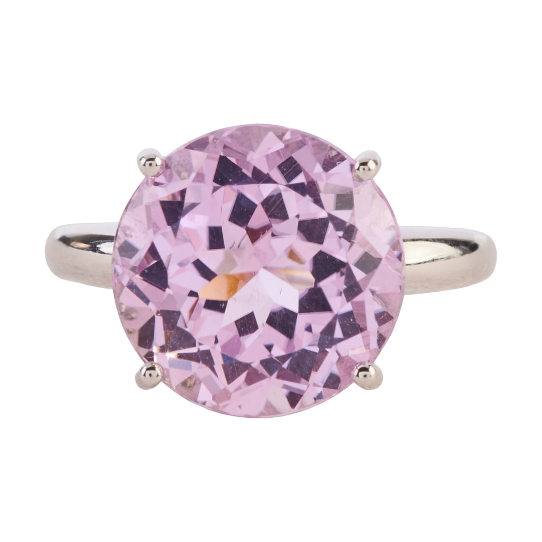 Kunzite, Diamond, 18k White Gold Ring. Featuring one round-cut kunzite weighing approximately 7.50: Kunzite, Diamond, 18k White Gold Ring. Featuring one round-cut kunzite weighing approximately 7.50 cts., accented by full-cut diamonds weighing a total of approximately 0.20 cttw., set in an 18k white