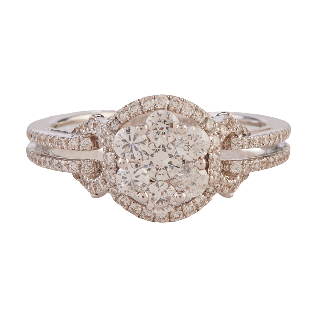 Diamond, 18k White Gold Ring. Featuring ninety-one full-cut diamonds weighing a total of: Diamond, 18k White Gold Ring. Featuring ninety-one full-cut diamonds weighing a total of approximately 0.80 cttw., set in an 18k white gold mounting. {Size: 6, Gross Weight: 2.6dwts}