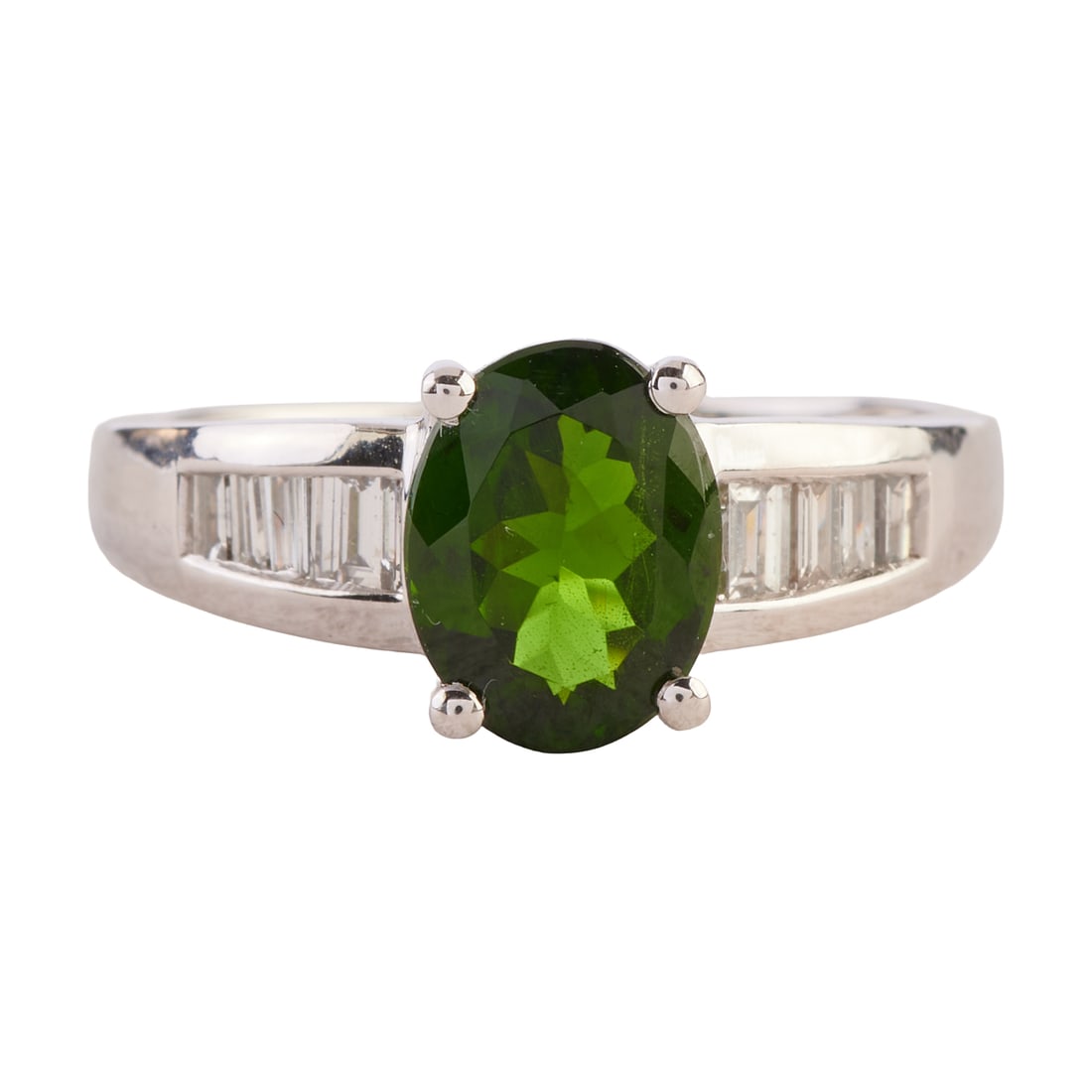 Diopside, Diamond, 14k White Gold Ring. Featuring one oval-cut diopside weighing approximately 1.55: Diopside, Diamond, 14k White Gold Ring. Featuring one oval-cut diopside weighing approximately 1.55 ct., accented by eight baguette-cut diamonds weighing a total of approximately 0.35 cttw., set in a 