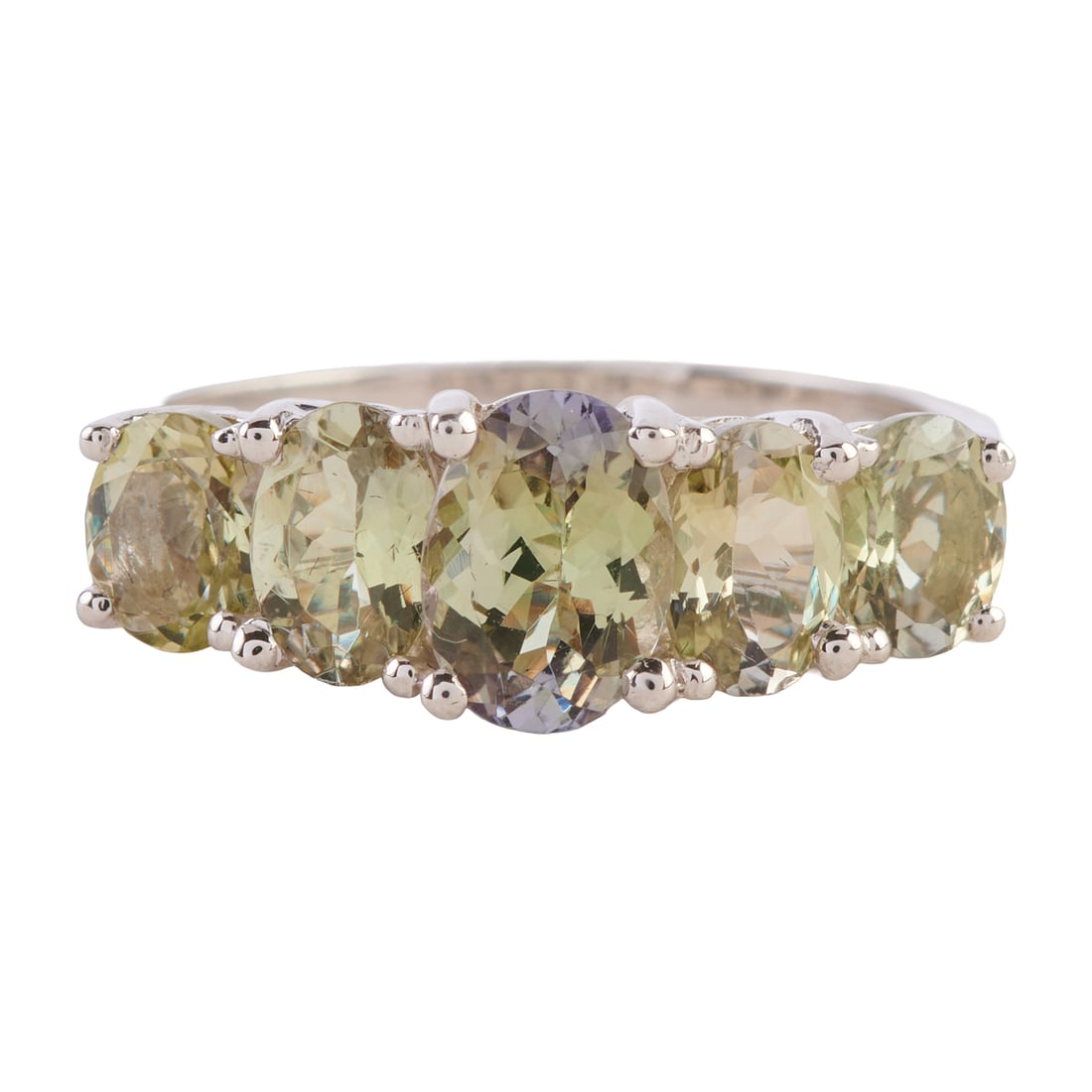 Treated Topaz, 14k White Gold Ring. Featuring five slighted graduated oval-cut treated green topaz,: Treated Topaz, 14k White Gold Ring. Featuring five slighted graduated oval-cut treated green topaz, set in a 14k white gold mounting. {Size: 7, Gross Weight: 2.3 dwts}
