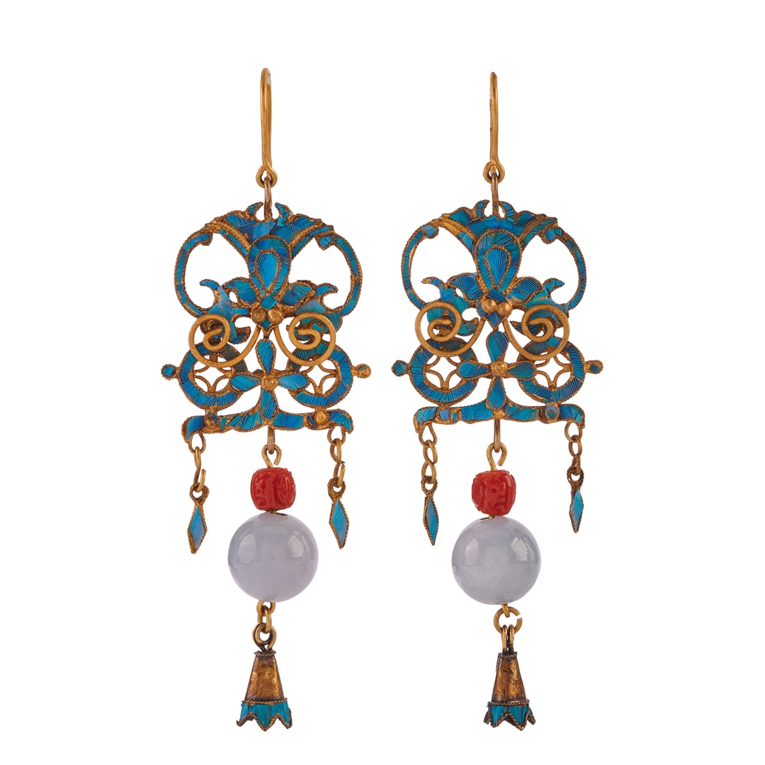 Pair of Kingfisher Feather, Jade, Coral, Metal Earrings. Each featuring kingfisher feather: Pair of Kingfisher Feather, Jade, Coral, Metal Earrings. Each featuring kingfisher feather throughout, accented by one round lavender jade bead, further enhanced by one carved coral bead, set in a met