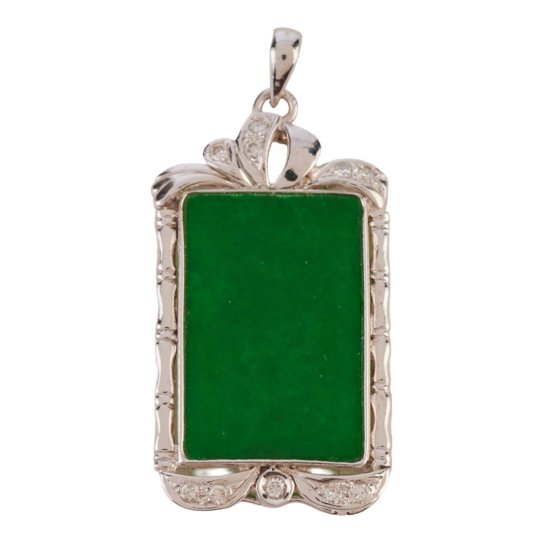 Jade, Diamond, 18k White Gold Pendant. Featuring one rectangular jade tablet, accented by round-cut: Jade, Diamond, 18k White Gold Pendant. Featuring one rectangular jade tablet, accented by round-cut diamonds, set in an 18k white gold bamboo motif mounting measuring approximately 42 x 20 mm. {Gross 