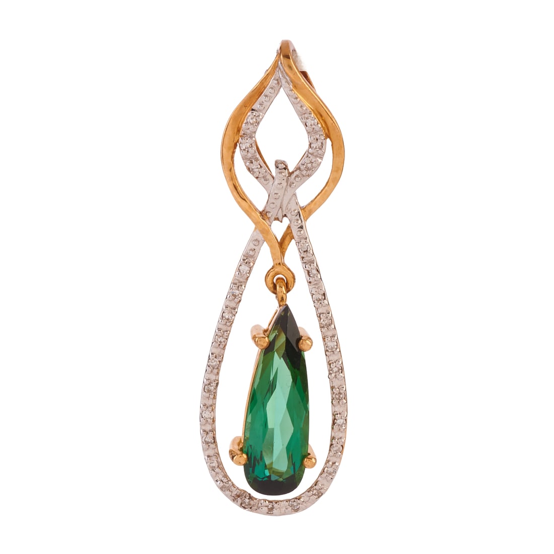 Green Tourmaline, Diamond, 18k Yellow Gold Pendant. Featuring one elongated pear-cut green: Green Tourmaline, Diamond, 18k Yellow Gold Pendant. Featuring one elongated pear-cut green tourmaline measuring approximately 16 x 5.4 mm, accented by round-cut diamonds, set in an articulated 18k yel