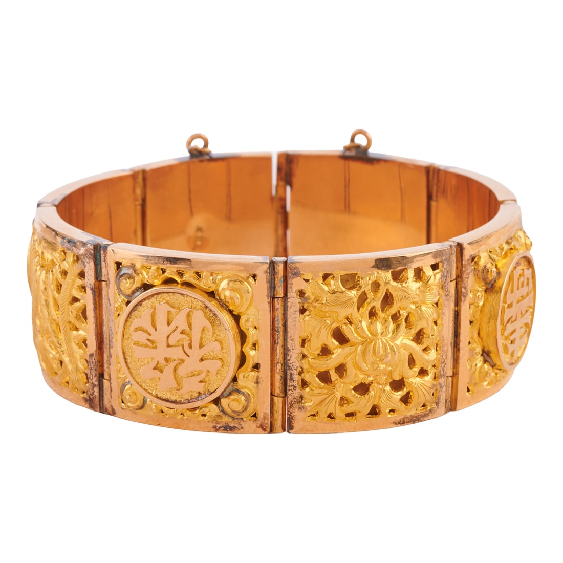 Chinese 18k Yellow Gold Bracelet. The Chinese 18k yellow gold "four seasons" box links measuring: Chinese 18k Yellow Gold Bracelet. The Chinese 18k yellow gold "four seasons" box links measuring approximately 22 mm in width, completed by a tongue and groove clasp with safety chain, forming a 7 inc