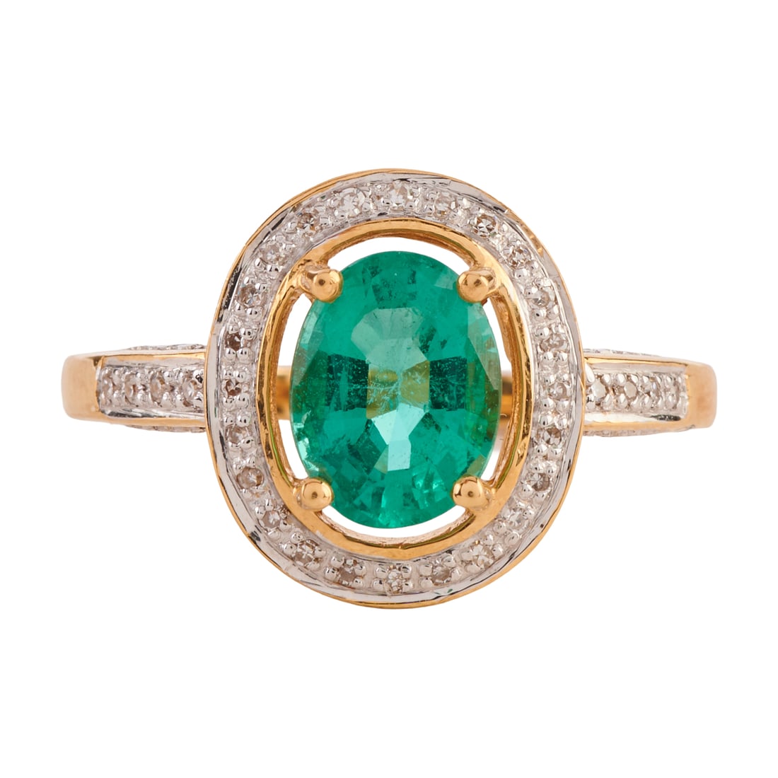 Synthetic Emerald, Diamond, 18k Yellow Gold Ring. Featuring one oval-cut synthetic emerald measuring: Synthetic Emerald, Diamond, 18k Yellow Gold Ring. Featuring one oval-cut synthetic emerald measuring approximately 8.1 x 6.2 mm, accented by round-cut diamonds, set in an 18k yellow gold mounting. {Si