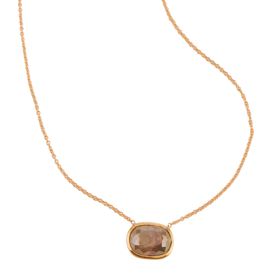 Brown Diamond, 18k Yellow Gold Necklace. Featuring one cushion shaped, rose-cut brown diamond: Brown Diamond, 18k Yellow Gold Necklace. Featuring one cushion shaped, rose-cut brown diamond weighing approximately 4.75 cts., bezel set and suspended from 18k yellow gold chain, completed by a lobst