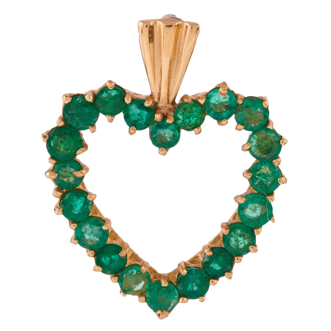 Emerald, 14k Yellow Gold Heart Pendant. Featuring twenty round-cut emeralds weighing a total of: Emerald, 14k Yellow Gold Heart Pendant. Featuring twenty round-cut emeralds weighing a total of approximately 1.65 cttw., set in a 14k yellow gold open heart mounting measuring approximately 28 x 23 m