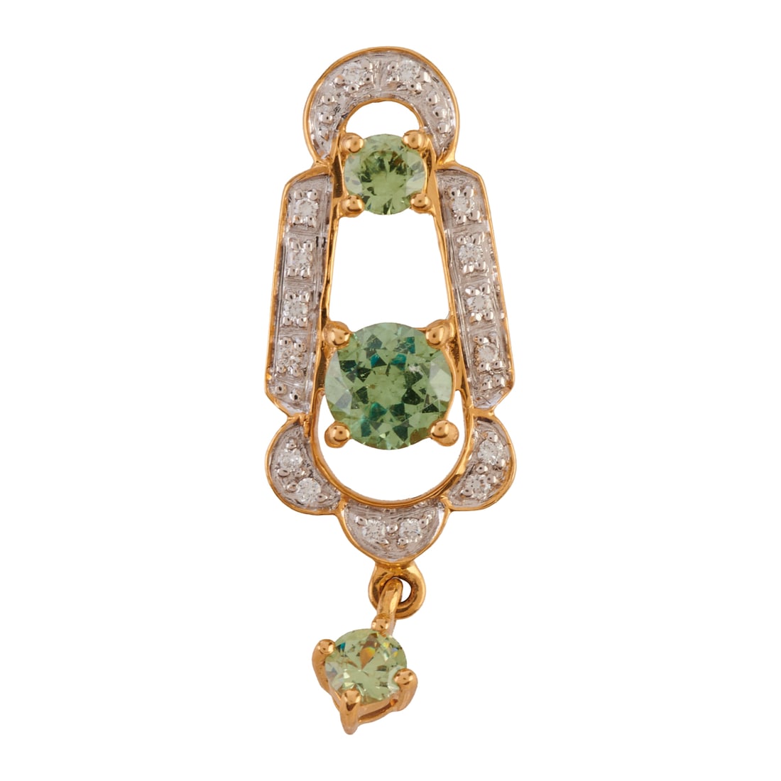 Green Garnet, Diamond, 18k Yellow Gold Pendant. Featuring three round-cut green garnets, accented by: Green Garnet, Diamond, 18k Yellow Gold Pendant. Featuring three round-cut green garnets, accented by round-cut diamonds, set in an 18k yellow gold mounting with articulated drop and measuring approxim