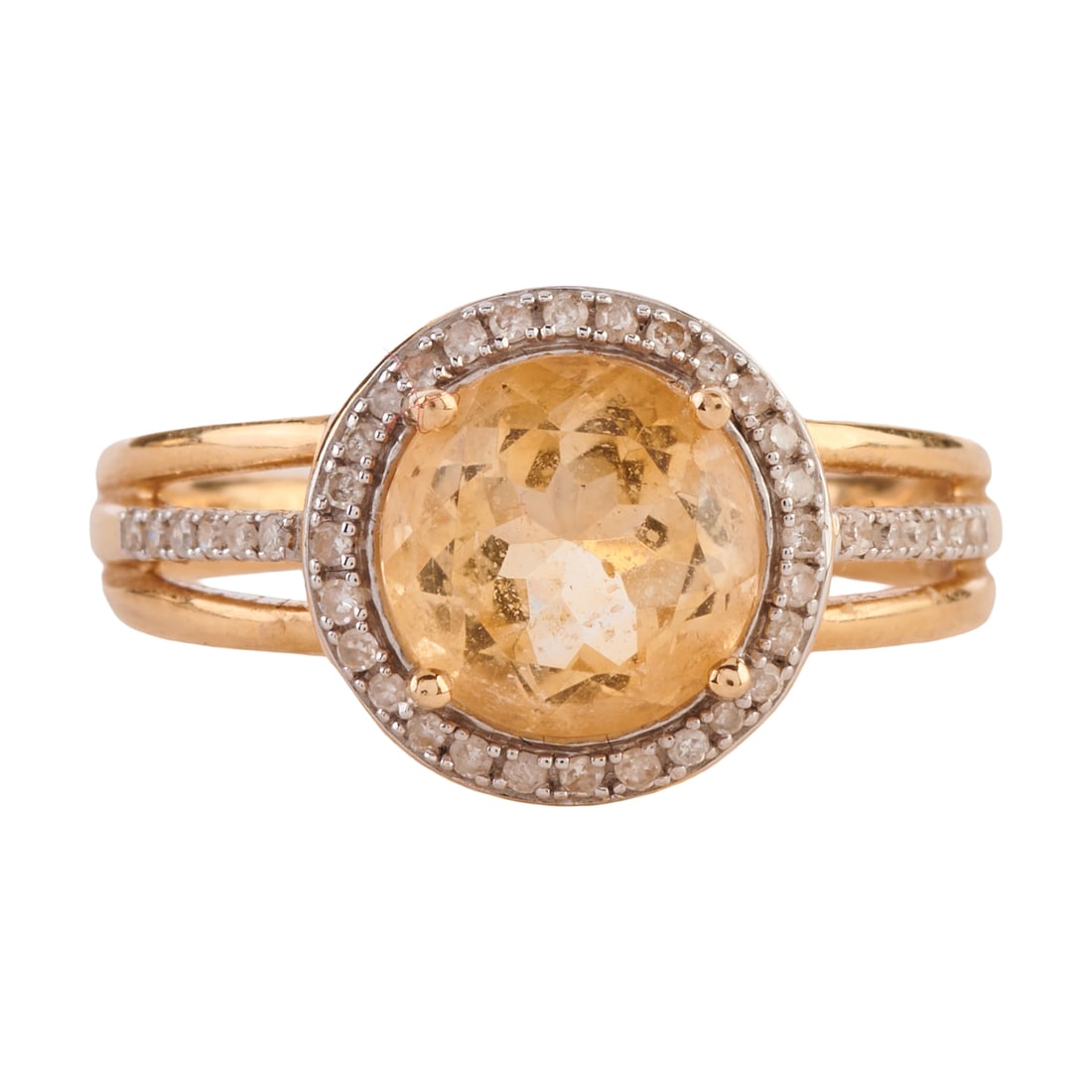 Citrine, Diamond, 14k Yellow Gold Ring. Featuring one round-cut citrine measuring approximately 7.9: Citrine, Diamond, 14k Yellow Gold Ring. Featuring one round-cut citrine measuring approximately 7.9 mm, accented by single-cut diamonds, set in a 14k yellow gold mounting. {Size: 6 3/4, Gross Weight: 