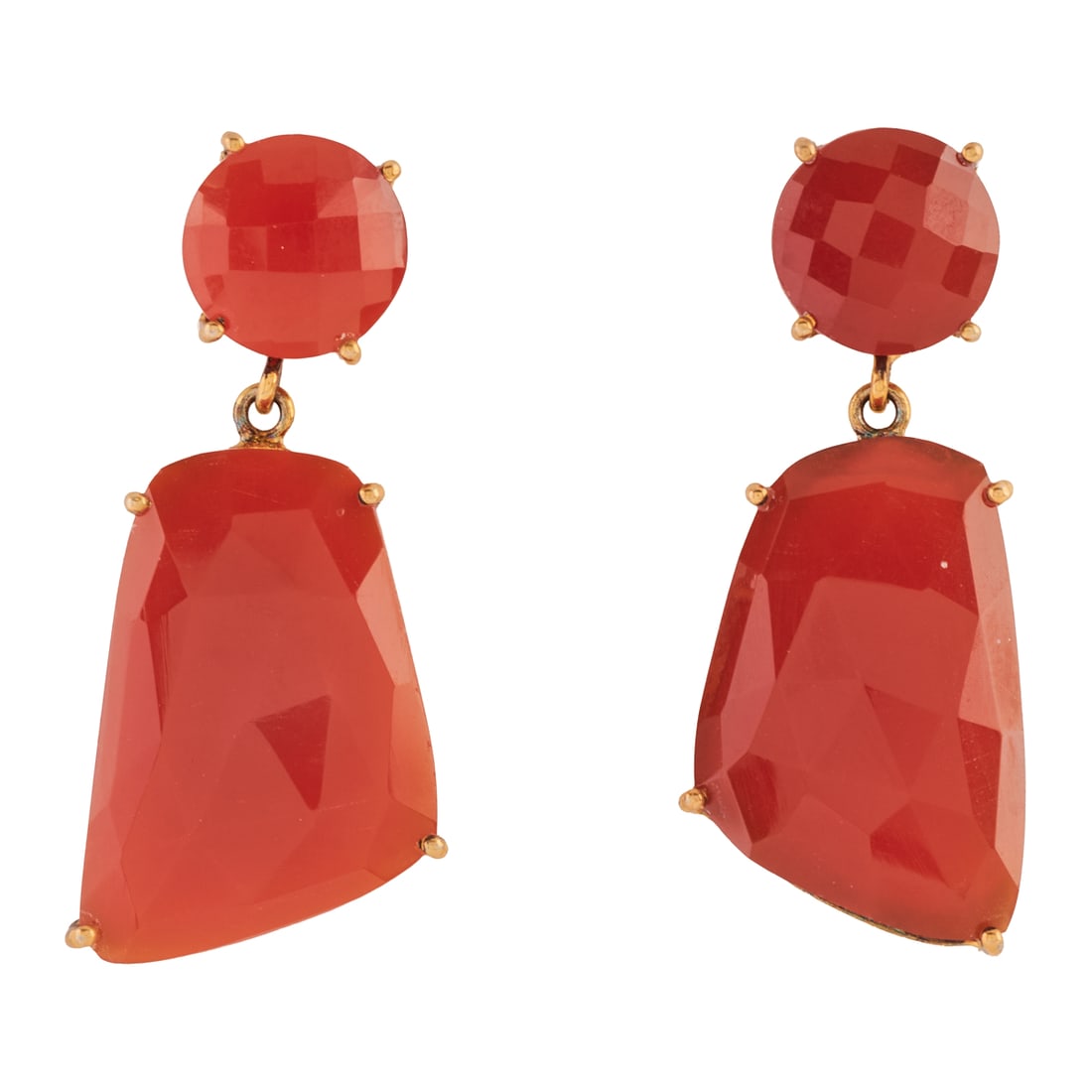 Pair of Carnelian, Vermeil Earrings. Each featuring two faceted carnelians, set in a vermeil: Pair of Carnelian, Vermeil Earrings. Each featuring two faceted carnelians, set in a vermeil mounting measuring approximately 41 x 19 mm. {Gross Weight: 9.1 dwts}