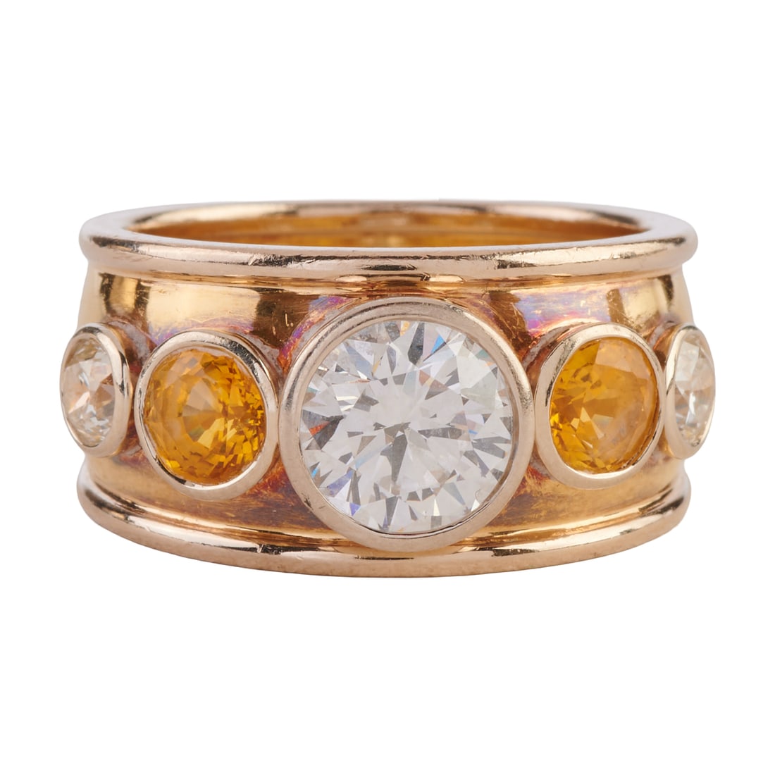 Diamond, Yellow Sapphire, 18k Gold Ring. Centering one round brilliant-cut diamond weighing: Diamond, Yellow Sapphire, 18k Gold Ring. Centering one round brilliant-cut diamond weighing approximately 1.50 ct., flanked by two round-cut yellow sapphires, accented by two full-cut diamonds weighin