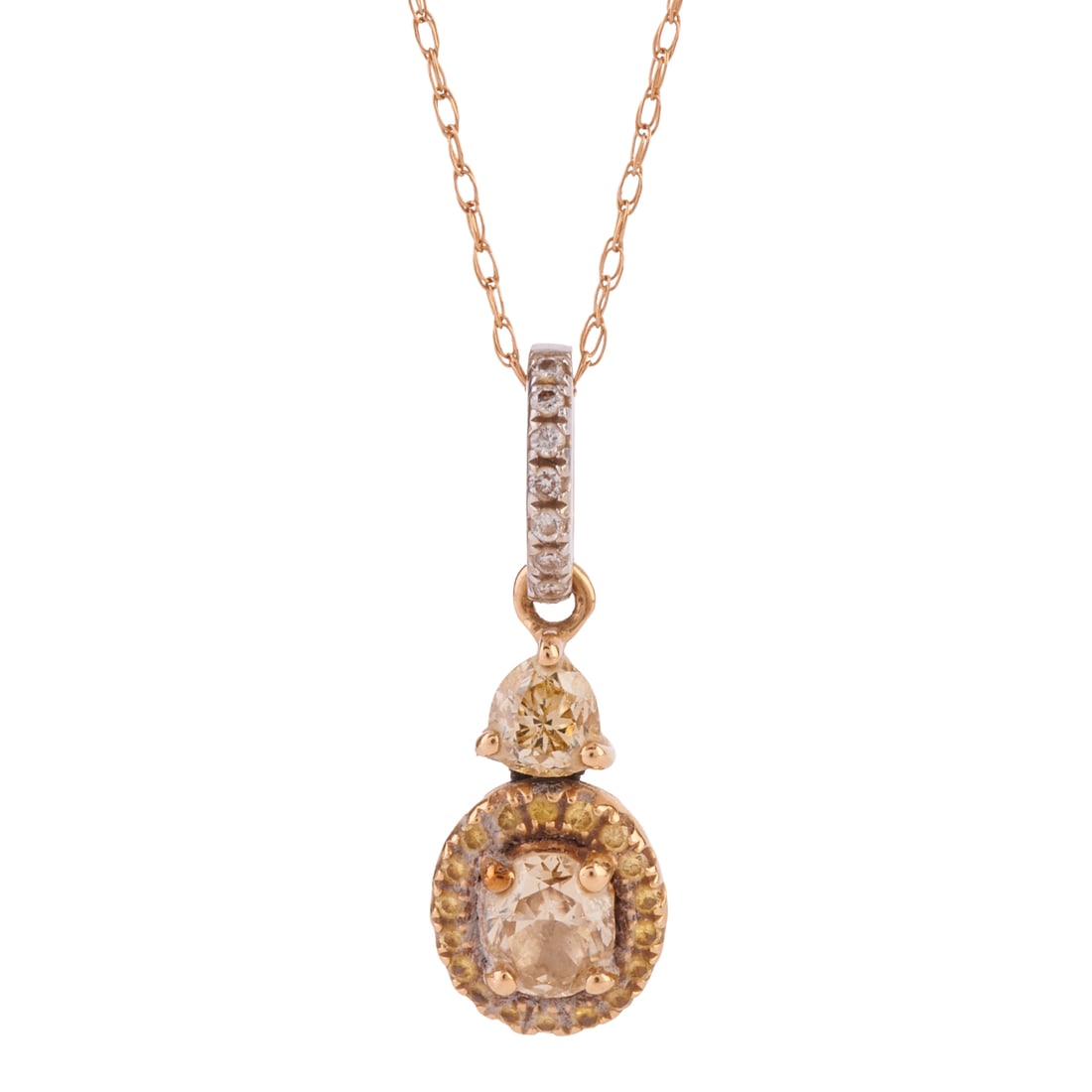 Yellow Diamond, Diamond, 14k Yellow and White Gold Pendant Necklace. Featuring one oval-cut and one: Yellow Diamond, Diamond, 14k Yellow and White Gold Pendant Necklace. Featuring one oval-cut and one triangular-cut yellow diamonds, accented by round-cut yellow and near colorless diamonds, set in a 1