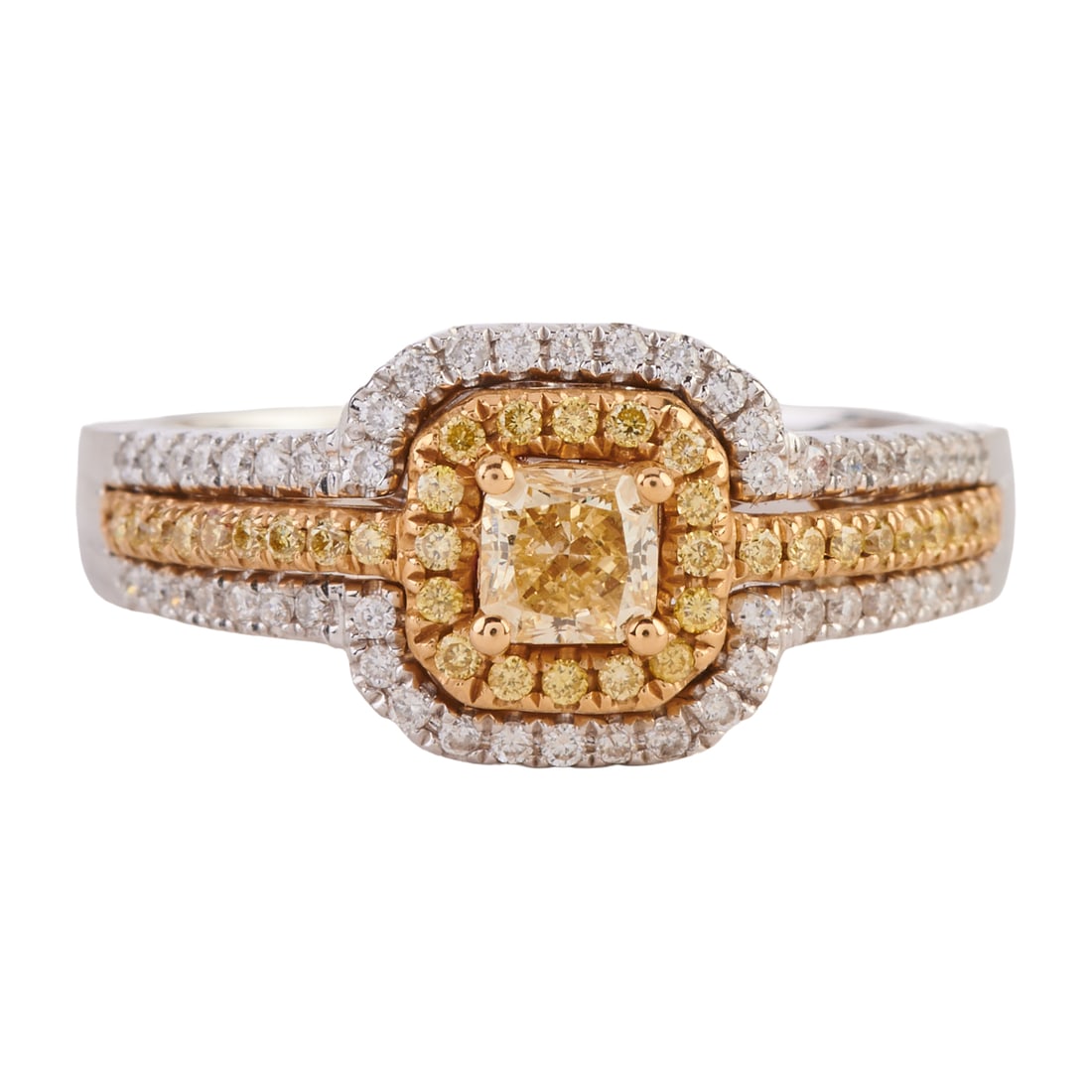 Yellow Diamond, Diamond, 14k Yellow and White Gold Ring. Featuring one square radiant-cut yellow: Yellow Diamond, Diamond, 14k Yellow and White Gold Ring. Featuring one square radiant-cut yellow diamond weighing approximately 0.21 ct., accented by round-cut yellow and near colorless diamonds weigh