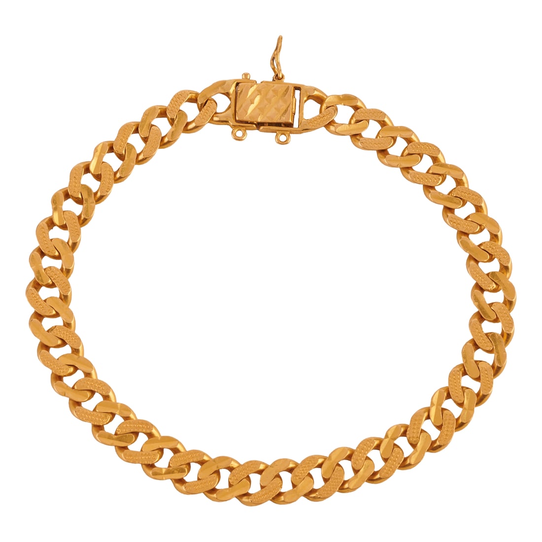 18k Yellow Gold Bracelet. The 18k yellow gold textured flat curb link measuring approximately 7 mm: 18k Yellow Gold Bracelet. The 18k yellow gold textured flat curb link measuring approximately 7 mm in width, completed by a fold over clasp with figure eight safety, forming an 8 1/2 inch bracelet. {G