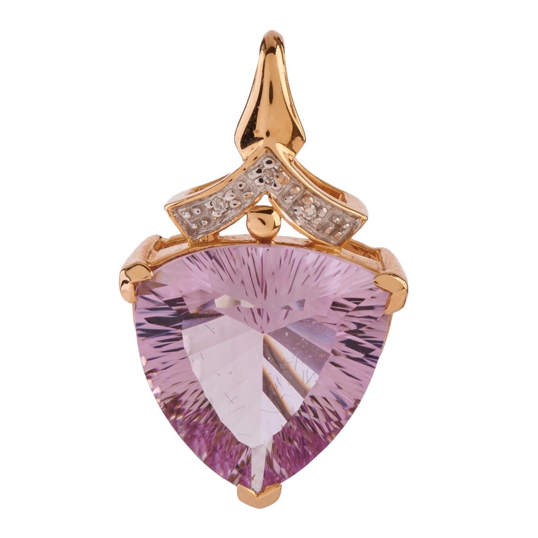 Kunzite, Diamond, 14k Yellow Gold Pendant. Featuring one fancy triangular-cut kunzite measuring: Kunzite, Diamond, 14k Yellow Gold Pendant. Featuring one fancy triangular-cut kunzite measuring approximately 15.9 x 15.3 mm, accented by single-cut diamonds, set in a 14k yellow gold mounting. {Gross