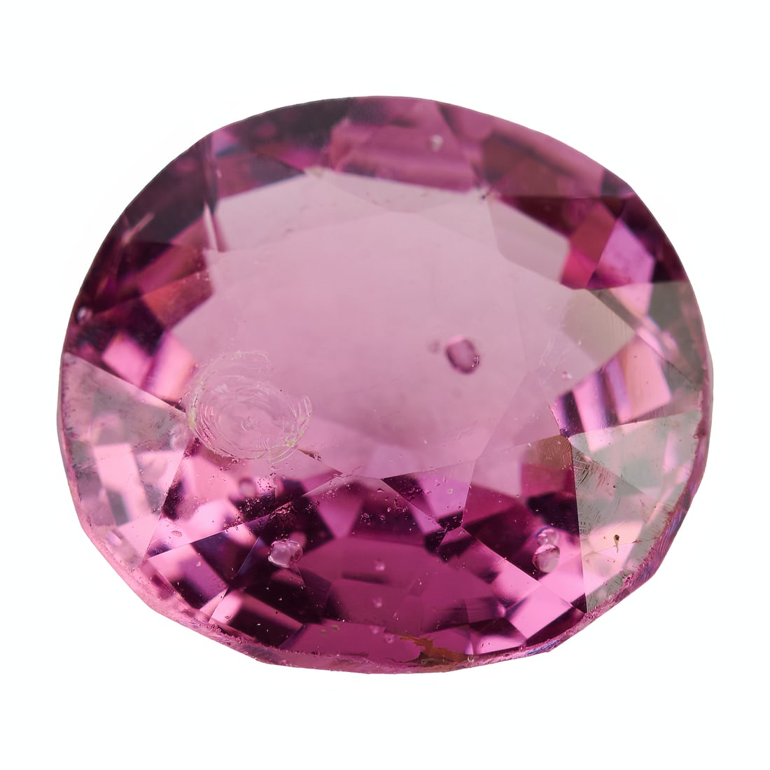 Unmounted Pink Spinel. The unmounted round-cut pink spinel weighing approximately 2.46 cts. and: Unmounted Pink Spinel. The unmounted round-cut pink spinel weighing approximately 2.46 cts. and measuring approximately 8.4 x 8.3 x 4.2 mm. Note: Table facet chipped.