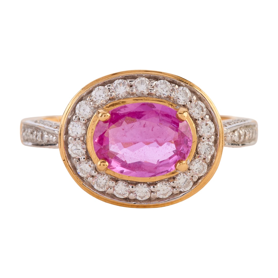 Pink Sapphire, Diamond, 18k Yellow Gold Ring. Featuring one oval-cut pink sapphire weighing: Pink Sapphire, Diamond, 18k Yellow Gold Ring. Featuring one oval-cut pink sapphire weighing approximately 1.05 ct., accented by single-cut and full-cut diamonds weighing a total of approximately 0.40 