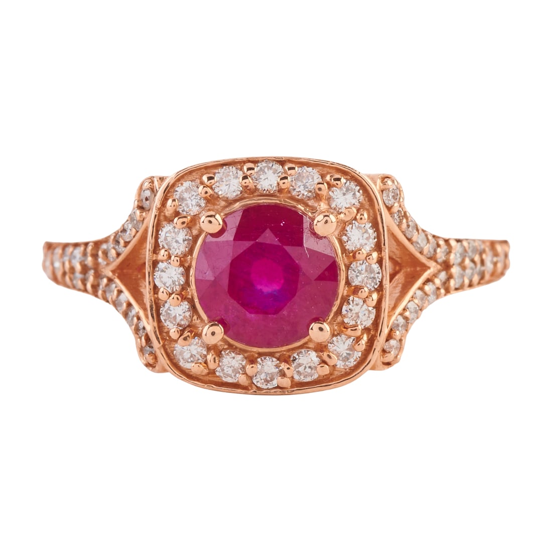 Ruby, Diamond, 14k Rose Gold Ring. Featuring one round-cut ruby weighing approximately 1.30 ct., (1 of 4)