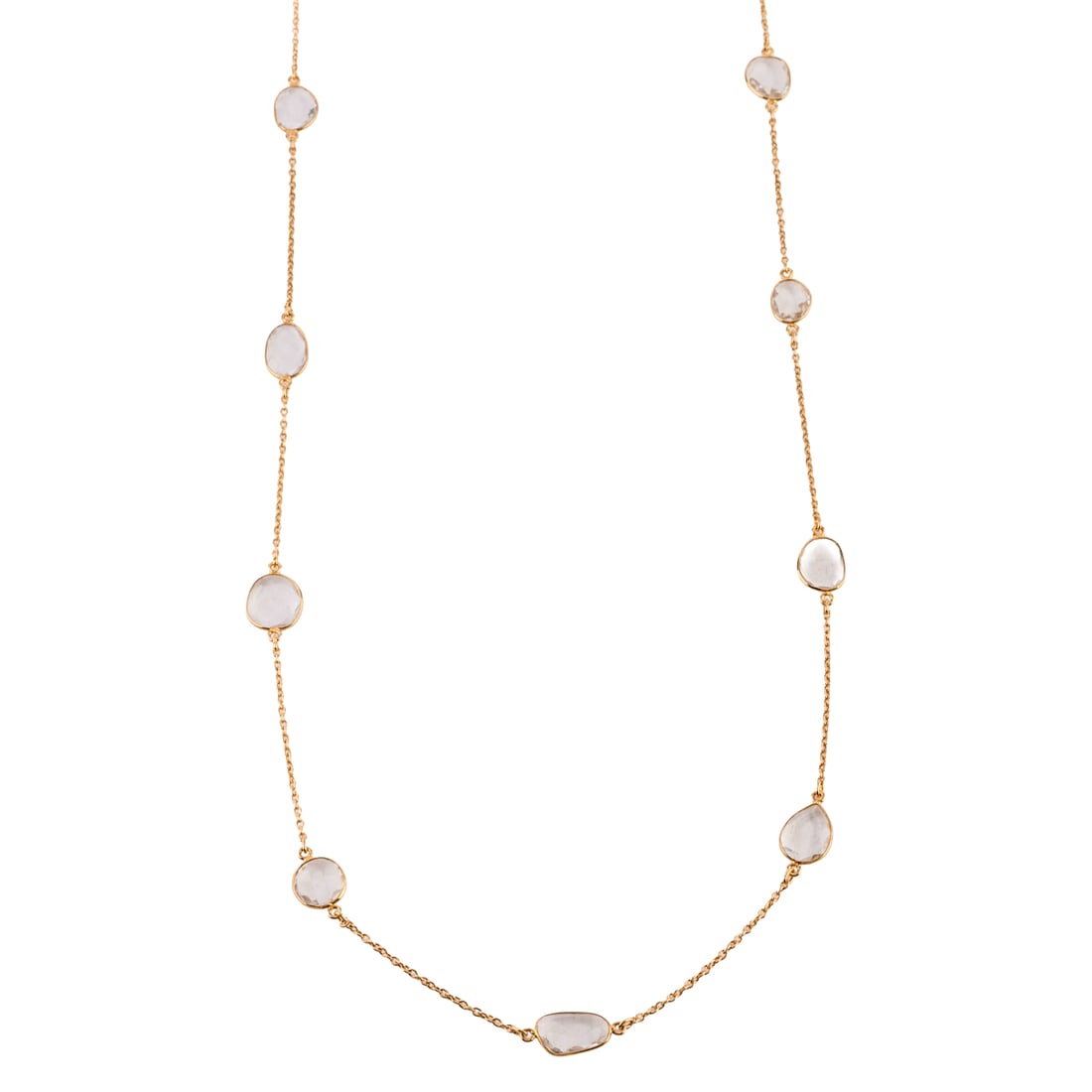 Rock Crystal Quartz, Vermeil Necklace. Featuring seventeen varying shaped, faceted rock crystal: Rock Crystal Quartz, Vermeil Necklace. Featuring seventeen varying shaped, faceted rock crystal quartz, bezel set and linked by vermeil chain, completed by a lobster claw clasp, forming a 44 inch neck