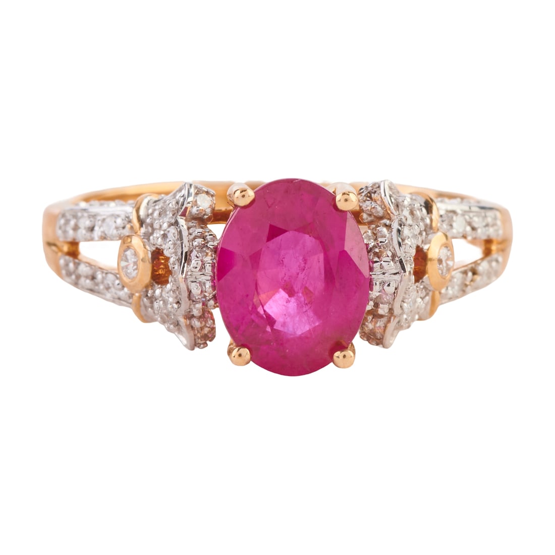Synthetic Ruby, Diamond, 14k Yellow Gold Ring. Featuring one oval-cut synthetic ruby weighing (1 of 4)
