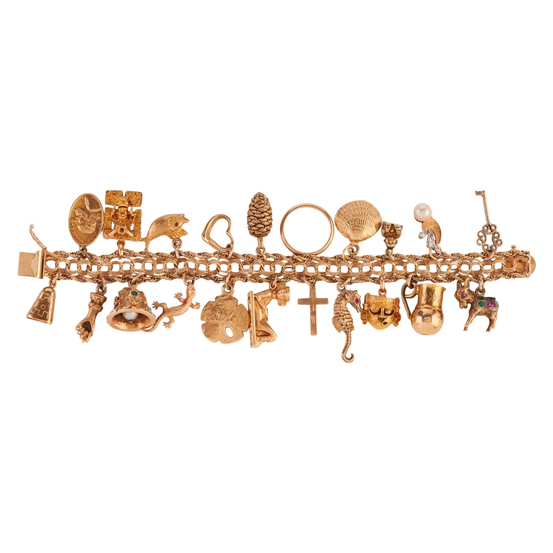 Multi-Stone, 14k Yellow Gold Charm Bracelet. The 14k yellow gold triple open circle and rope link: Multi-Stone, 14k Yellow Gold Charm Bracelet. The 14k yellow gold triple open circle and rope link motif measuring approximately 11 mm in width, completed by a tongue and groove clasp with figure eight