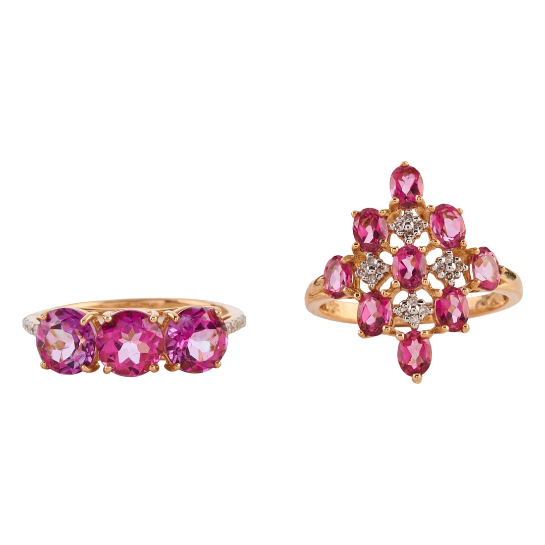 Two Treated Pink Stone, Diamond, 14k Yellow Gold Rings. Including one round-cut treated pink stone, (1 of 4)