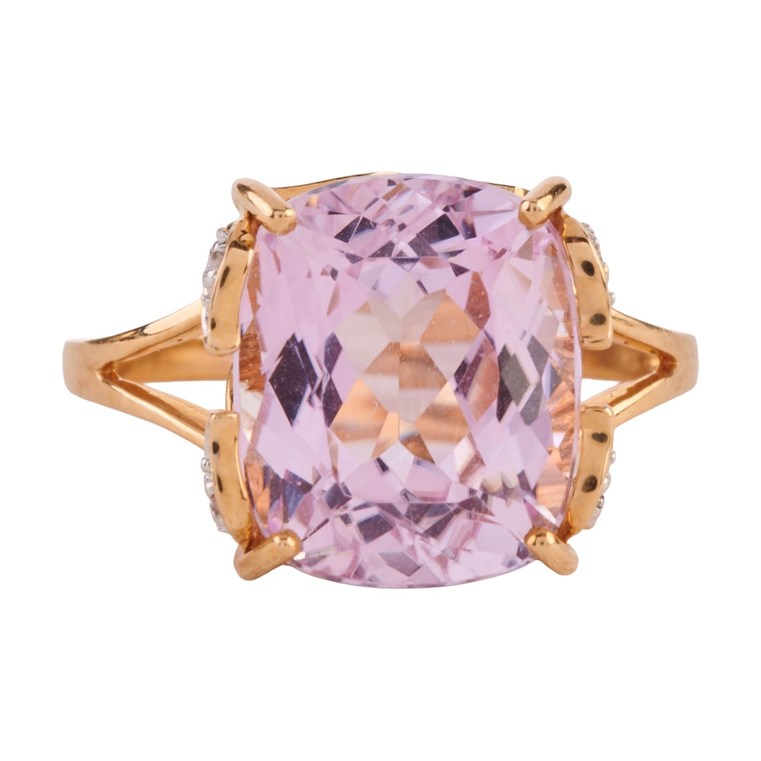 Kunzite, Diamond, 14k Yellow Gold Ring. Featuring one cushion-cut kunzite weighing approximately: Kunzite, Diamond, 14k Yellow Gold Ring. Featuring one cushion-cut kunzite weighing approximately 6.05 cts., accented by four single-cut diamonds, set in a 14k yellow gold mounting. {Size: 7, Gross Wei