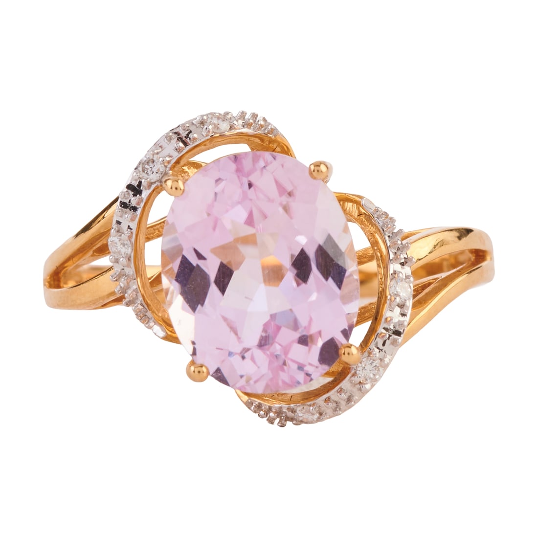 Kunzite, Diamond, 18k Yellow Gold Ring. Featuring one oval-cut kunzite weighing approximately 3.00: Kunzite, Diamond, 18k Yellow Gold Ring. Featuring one oval-cut kunzite weighing approximately 3.00 cts., accented by round-cut diamonds, set in an 18k yellow gold mounting. {Size: 7, Gross Weight: 2.4
