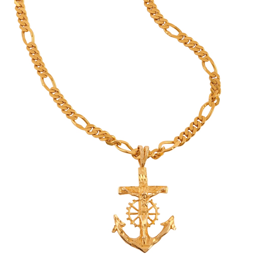 14k Yellow Gold Anchor Crucifix Pendant Necklace. The 14k yellow gold anchor crucifix pendant: 14k Yellow Gold Anchor Crucifix Pendant Necklace. The 14k yellow gold anchor crucifix pendant measuring approximately 49 x 28 mm, suspended from a 14k yellow gold chain, forming a 23 inch necklace. {G