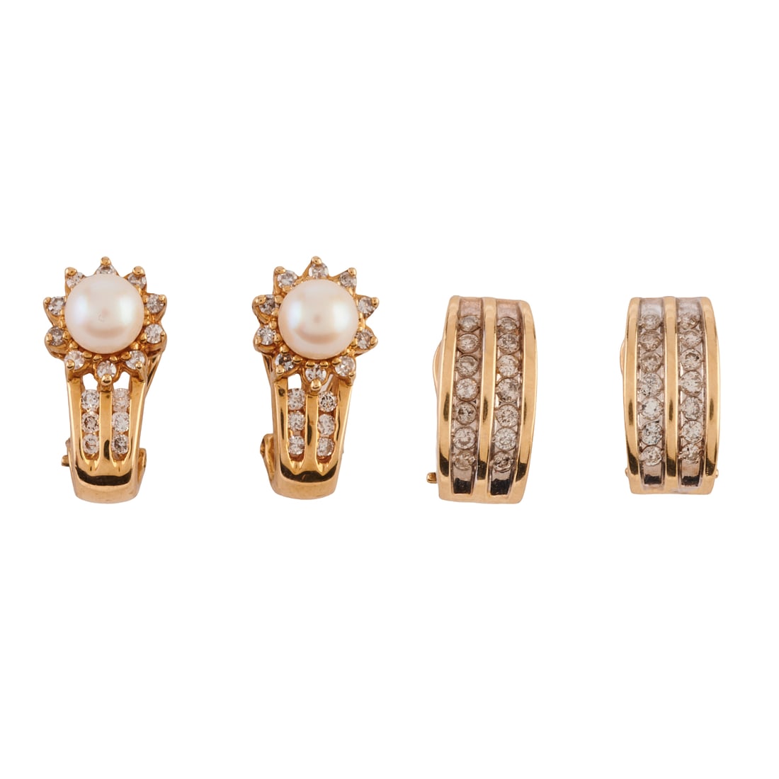 Two Pairs of Cultured Pearl, Diamond, 14k Yellow Gold Earrings. Including one pair of cultured (1 of 5)