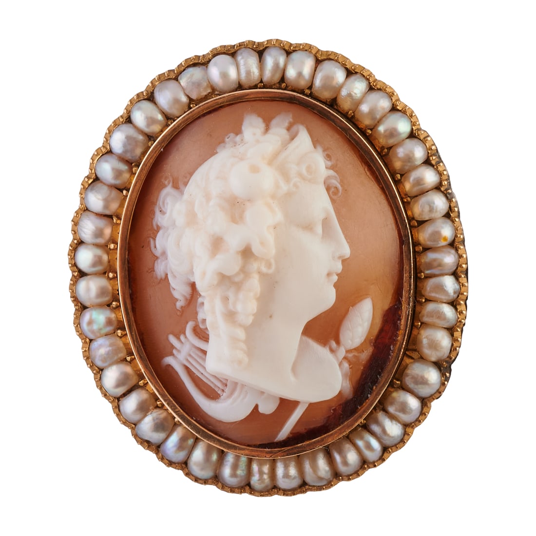 Shell Cameo, Cultured Pearl, 14k Yellow Gold, Metal Brooch. Featuring one shell cameo depicting the (1 of 3)