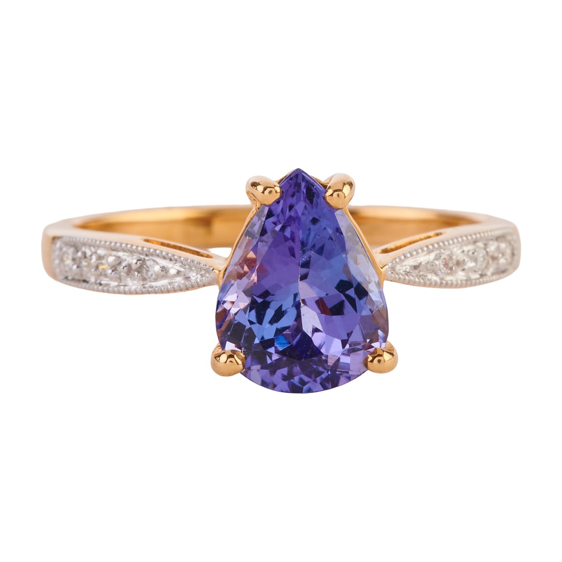 Tanzanite, Diamond, 18k Yellow Gold Ring. Featuring one pear-cut tanzanite weighing approximately: Tanzanite, Diamond, 18k Yellow Gold Ring. Featuring one pear-cut tanzanite weighing approximately 1.70 ct., accented by round-cut diamonds, set in an 18k yellow gold mounting. {Size: 7, Gross Weight: 