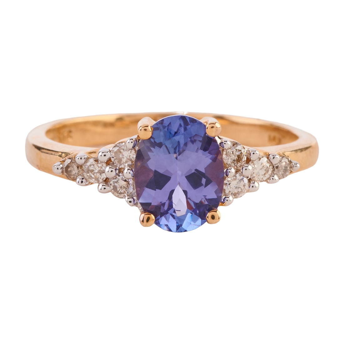 Tanzanite, Diamond, 14k Yellow Gold Ring. Featuring one oval-cut tanzanite weighing approximately: Tanzanite, Diamond, 14k Yellow Gold Ring. Featuring one oval-cut tanzanite weighing approximately 1.20 ct., accented by eight full-cut diamonds weighing a total of approximately 0.15 cttw., set in a 1