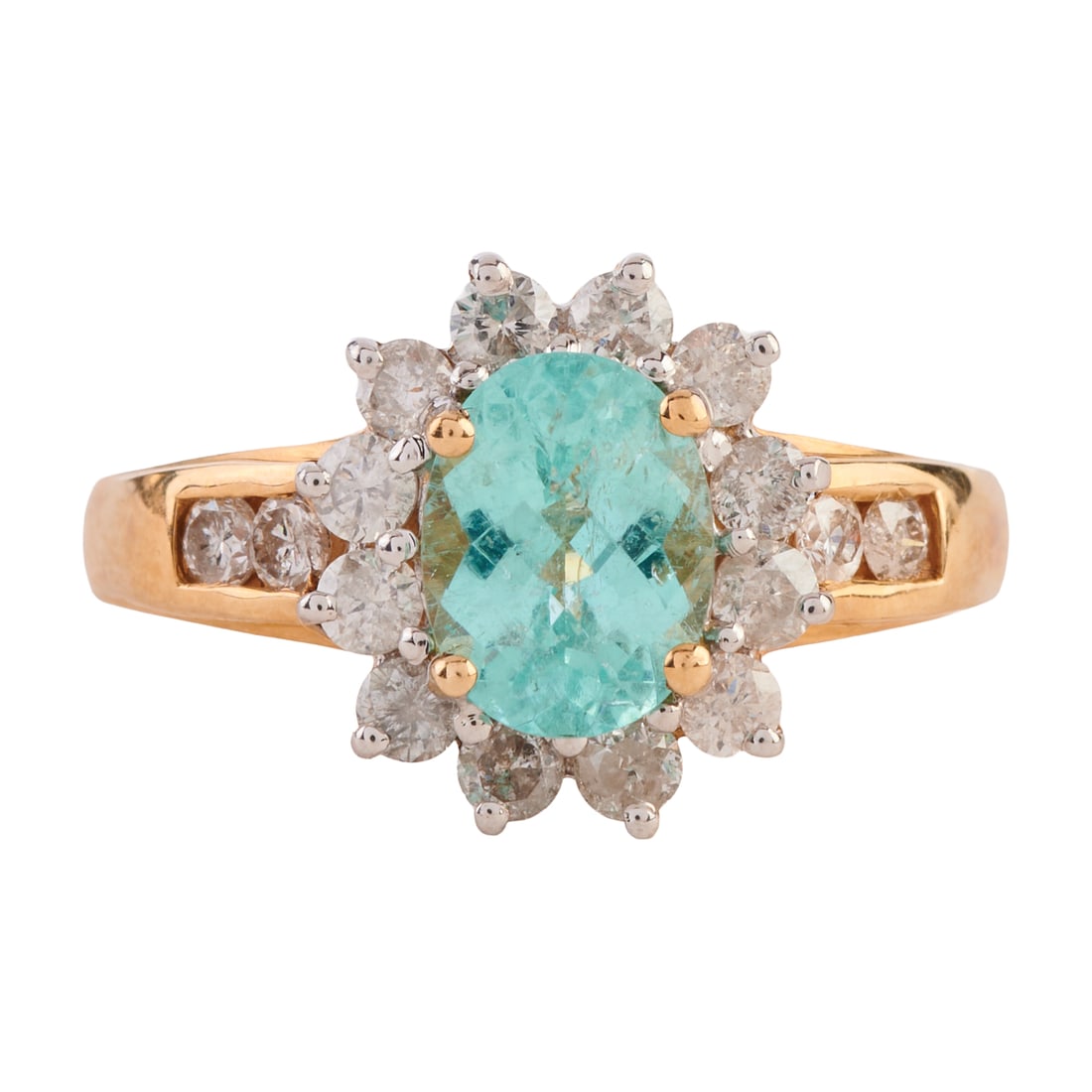 Paraiba Colored Tourmaline, Diamond, 14k Yellow Gold Ring. Featuring one oval shaped, faceted-top: Paraiba Colored Tourmaline, Diamond, 14k Yellow Gold Ring. Featuring one oval shaped, faceted-top Paraiba colored tourmaline measuring approximately 8.2 x 6.2 mm, accented by sixteen full-cut diamonds