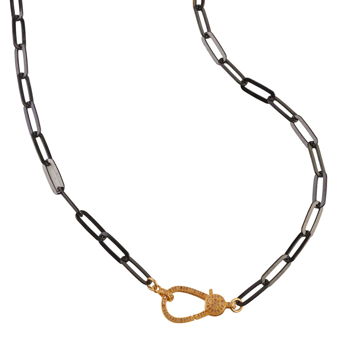 Diamond, Vermeil, Oxidized Silver Necklace. Featuring numerous round-cut diamonds set in a vermeil: Diamond, Vermeil, Oxidized Silver Necklace. Featuring numerous round-cut diamonds set in a vermeil lobster claw clasp mounting, suspended from an oxidized silver paper clip link chain, forming a 24 in