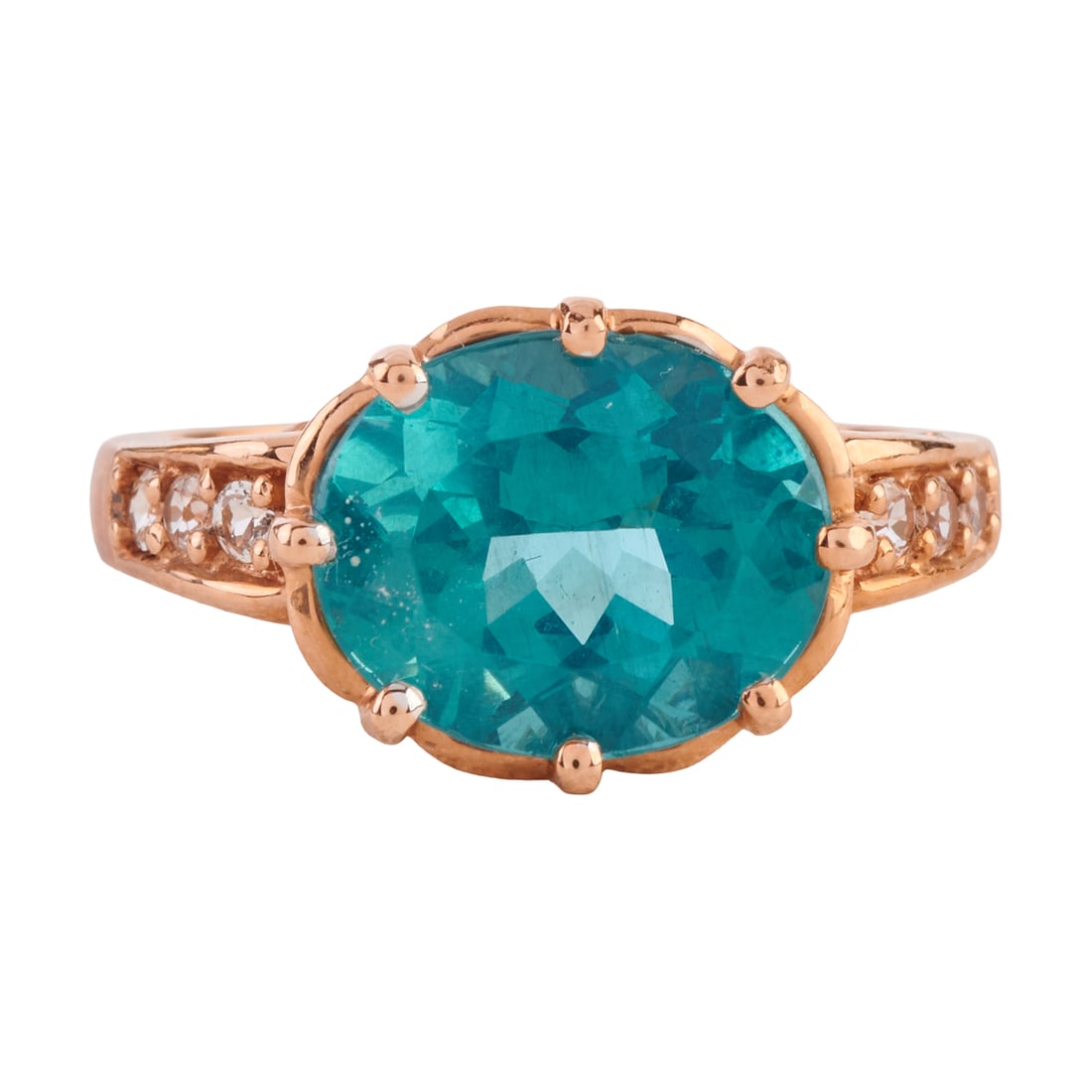Apatite, Colorless Stone, 14k Rose Gold Ring. Featuring one oval-cut apatite weighing approximately: Apatite, Colorless Stone, 14k Rose Gold Ring. Featuring one oval-cut apatite weighing approximately 3.45 cts., accented by six round-cut colorless stones, set in a 14k rose gold mounting. {Size: 7, Gr