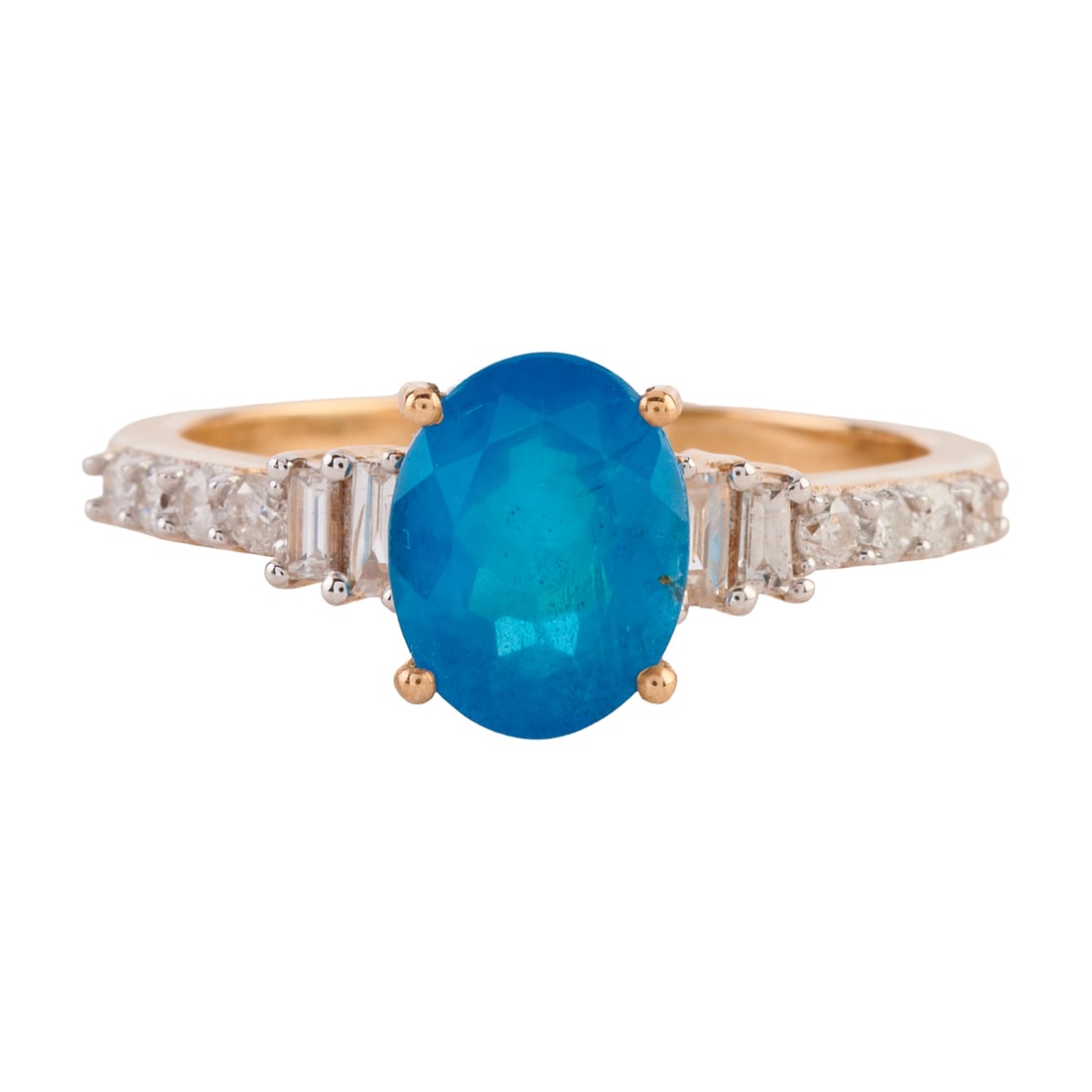 Apatite, Diamond, 14k Yellow Gold Ring. Featuring one oval-cut apatite weighing approximately 1.45: Apatite, Diamond, 14k Yellow Gold Ring. Featuring one oval-cut apatite weighing approximately 1.45 ct., accented by four baguette-cut and eight full-cut diamonds weighing a total of approximately 0.35