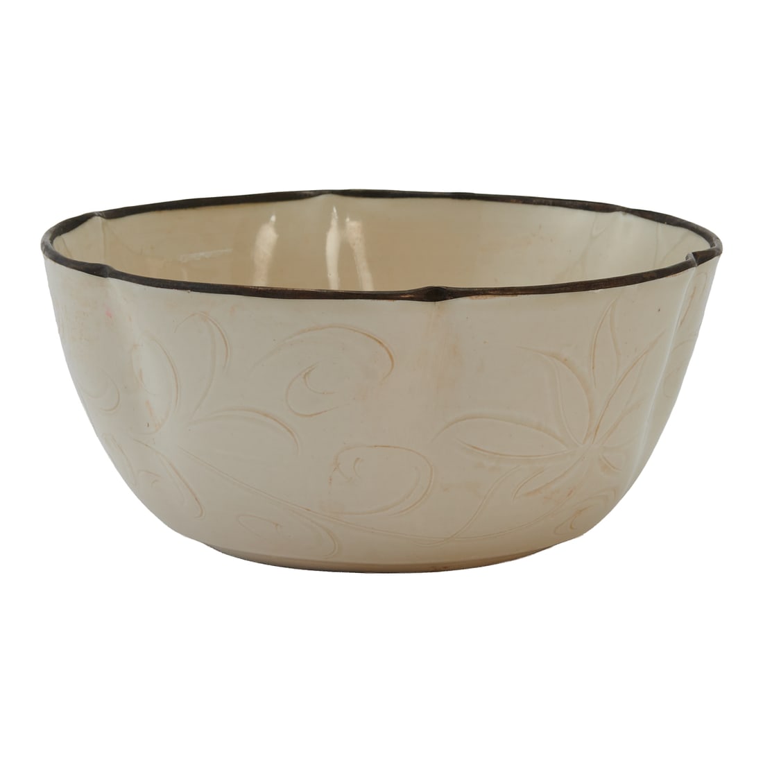 Chinese Ding-StyleLobed Bowl.With deep rounded sides indented into six petal lobes, the interior: Chinese Ding-StyleLobed Bowl.With deep rounded sides indented into six petal lobes, the interior center incised with a floral spray, the exterior walls further decorated with similar floral design, th